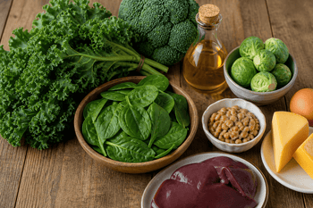 Alimentos ricos em vitamina K (couve, espinafre, brócolis, natto, queijo, fígado e azeite) organizados sobre mesa de madeira, imagem realista e natural.