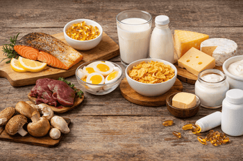 alimentos ricos em vitamina D como salmão, ovos, cogumelos, leite, queijos e fígado dispostos sobre mesa rústica.