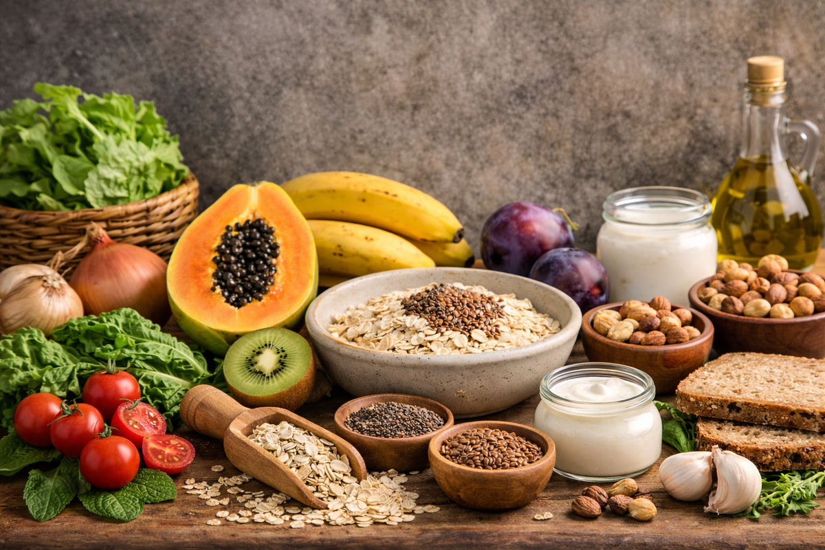 Alimentos naturais ricos em fibras que ajudam a soltar o intestino, como frutas, grãos integrais, sementes e vegetais.