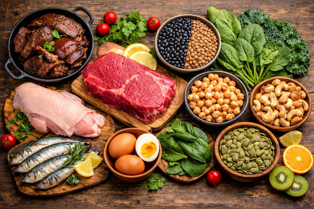 Alimentos ricos em ferro de origem animal e vegetal, como carne vermelha, fígado, sardinha, ovos, feijão, grão-de-bico, espinafre, couve, sementes e castanhas