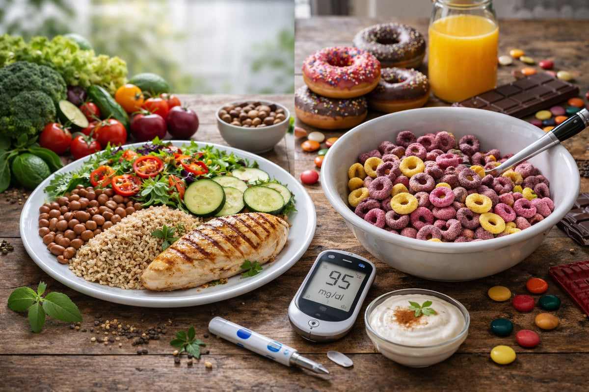 Comparação entre prato saudável com arroz integral, feijão, frango e salada e alimentos ultraprocessados ricos em açúcar, ilustrando escolhas de baixo e alto índice glicêmico.