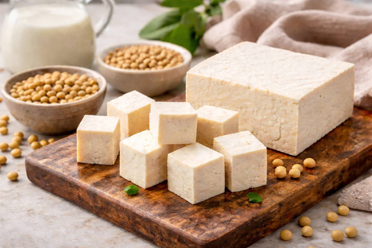 Tofu caseiro em cubos sobre tábua de madeira com soja em grãos e leite de soja ao fundo, imagem horizontal para receita de como fazer tofu