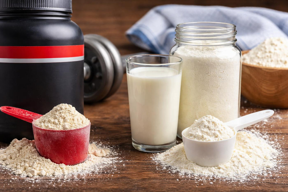 Whey protein e leite em pó desnatado lado a lado sobre mesa de madeira, com copo de leite e medidores de proteína em pó, comparando suplementação e alternativa proteica.