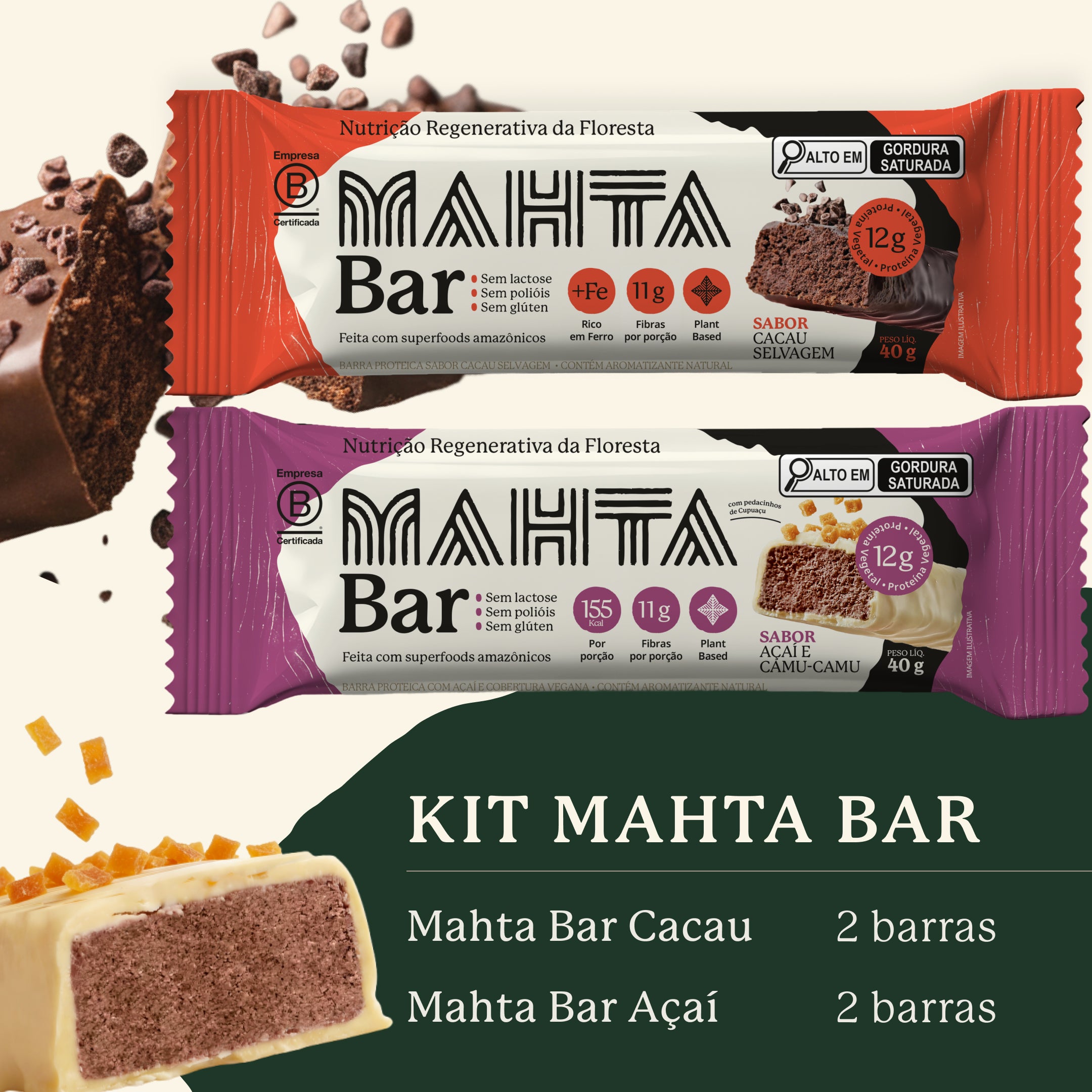 Kit 2 Mahta Bar Cacau + 2 Mahta Bar Açaí